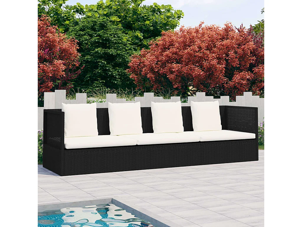 Lit de jardin avec coussin et oreillers Résine tressée Noir