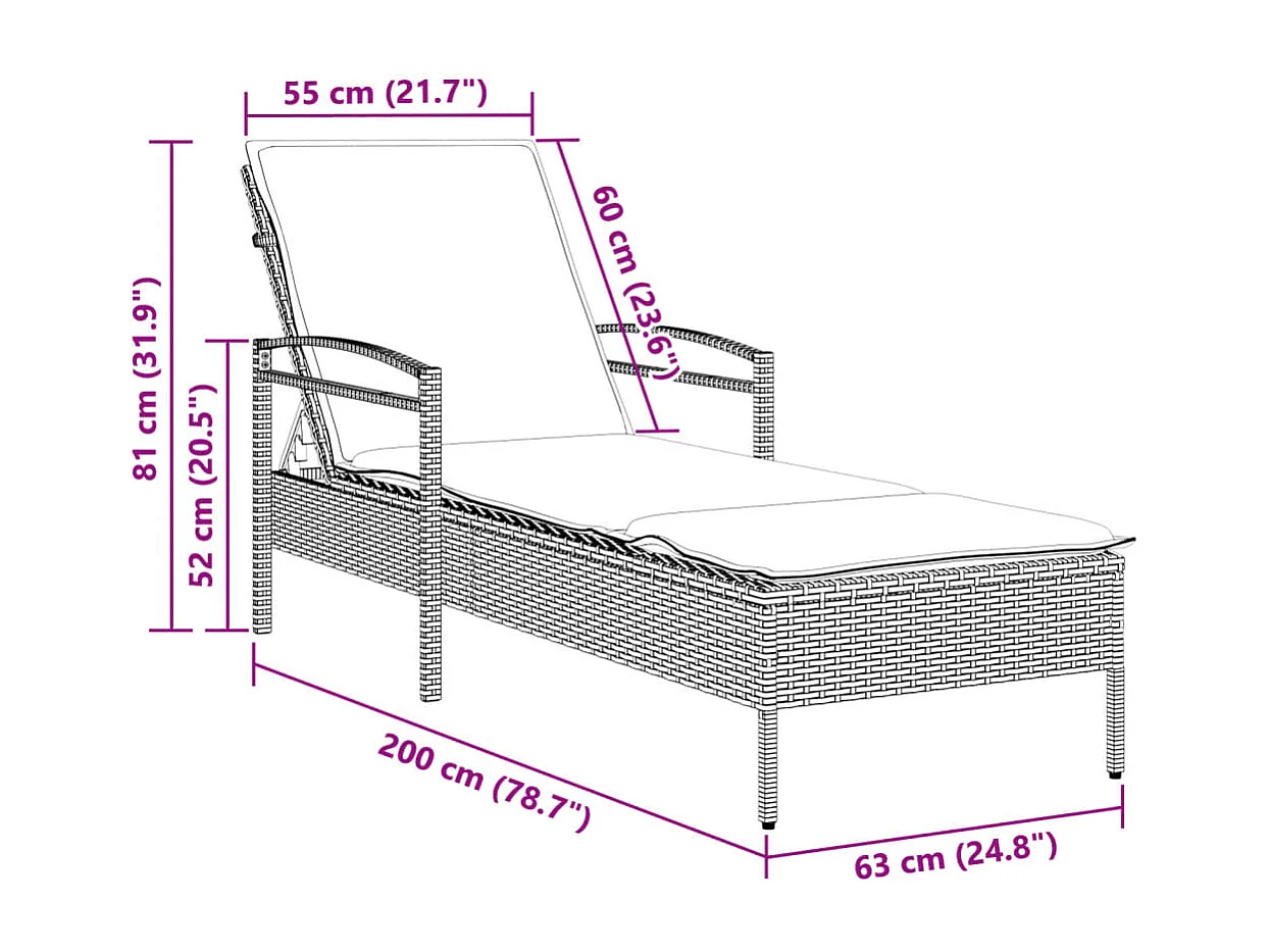 Chaise longue con cuscino nero 63x200x81 cm resina intrecciata