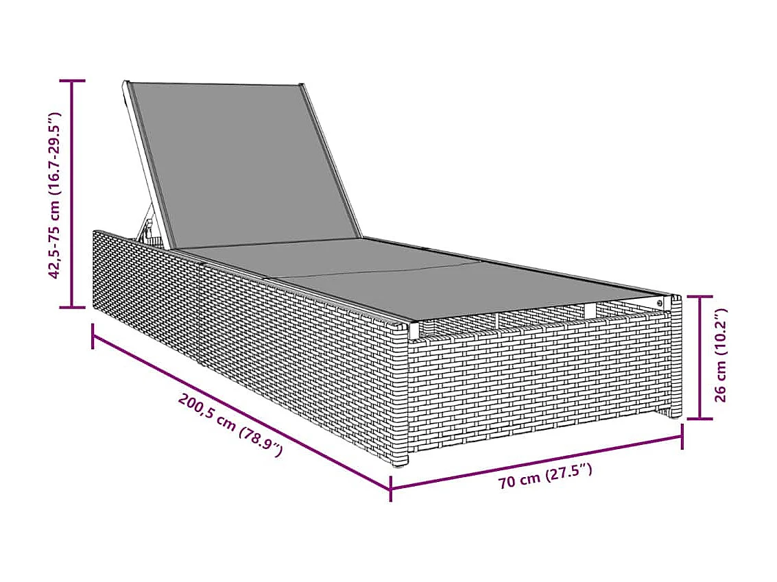 Chaise longue noire 60 x 200 x 27 cm en poly rotin
