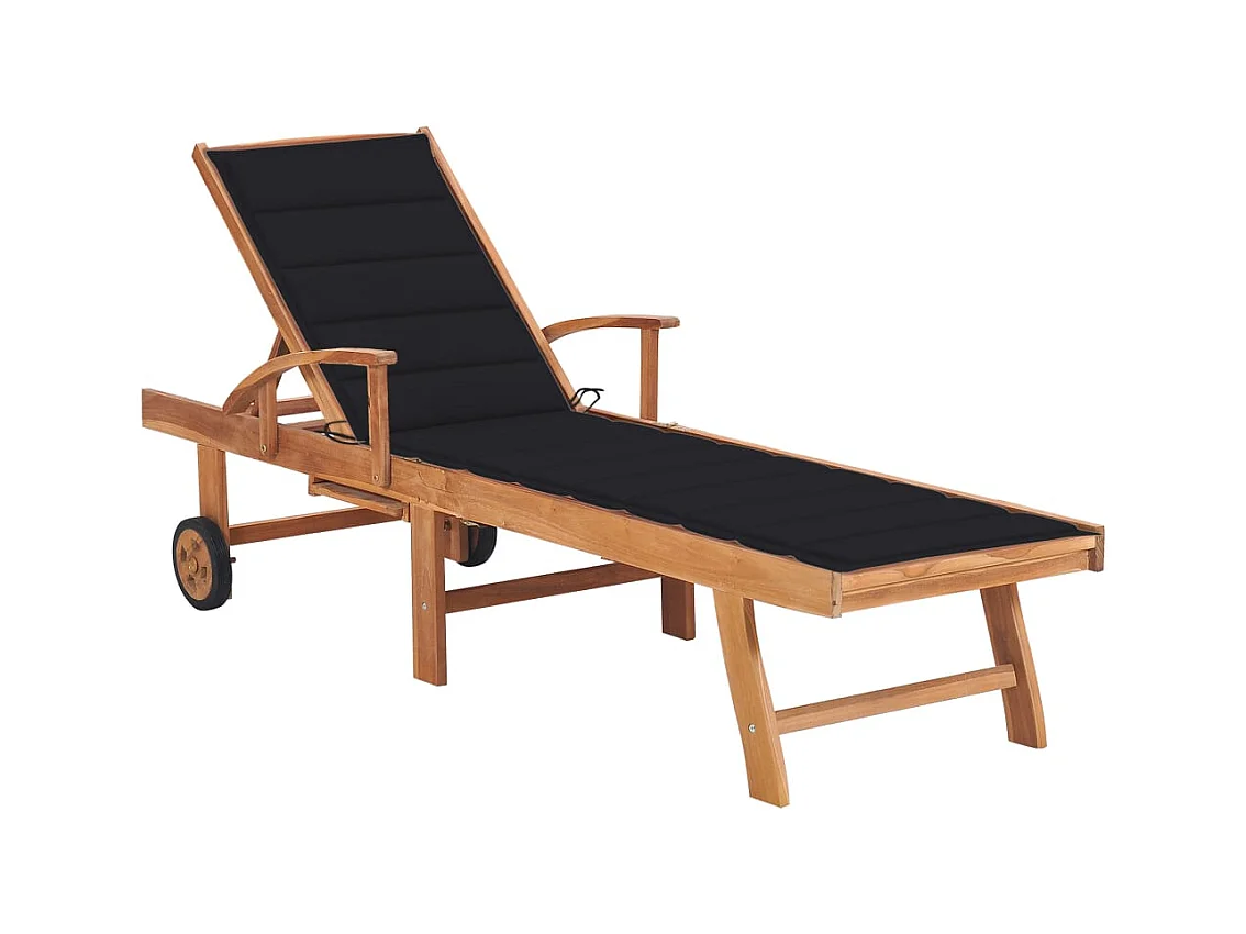 Chaise longue avec coussin noir Bois de teck solide