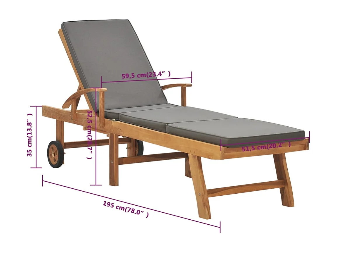 Chaise longue con cojín Madera maciza de teca Gris oscuro