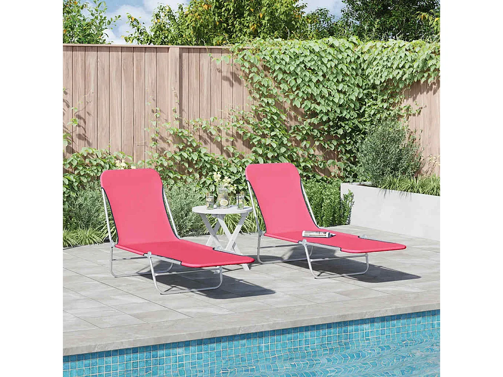 Juego de 2 tumbonas plegables de acero y tela rosa