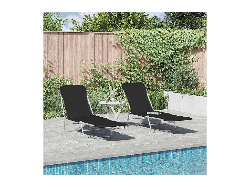 Juego de 2 tumbonas plegables de acero y tela negra