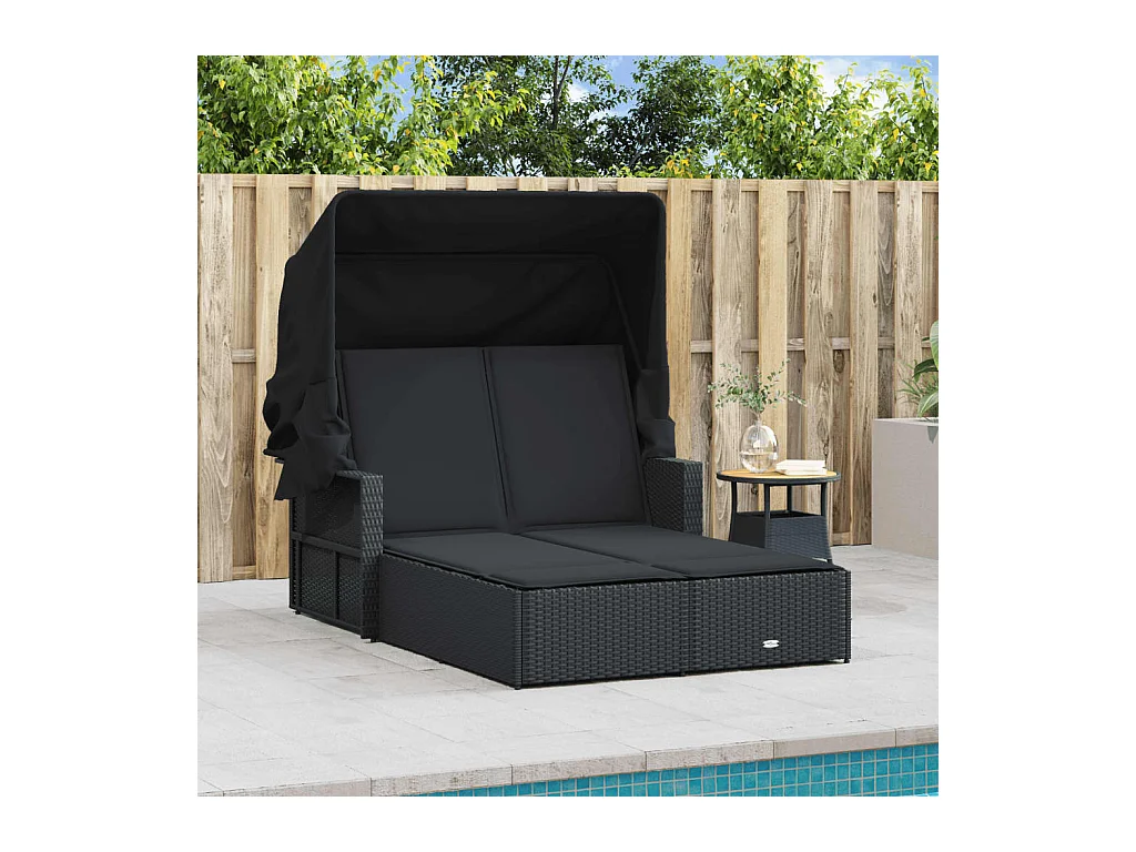 Dubbele chaise longue met zonnescherm en zwarte rieten kussens