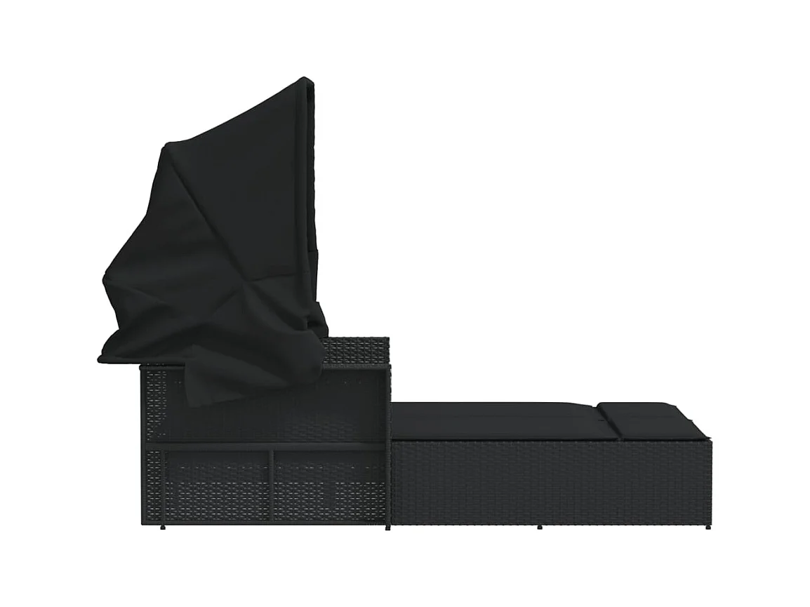 Dubbele chaise longue met zonnescherm en zwarte rieten kussens