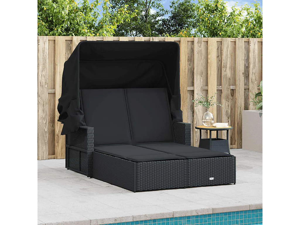 Chaise longue doppia con tenda da sole e cuscini in vimini nero
