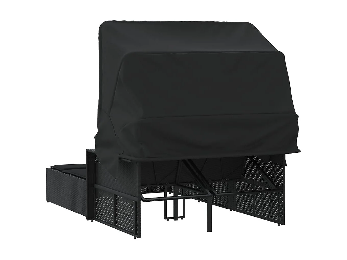 Chaise longue doppia con tenda da sole e cuscini in vimini nero