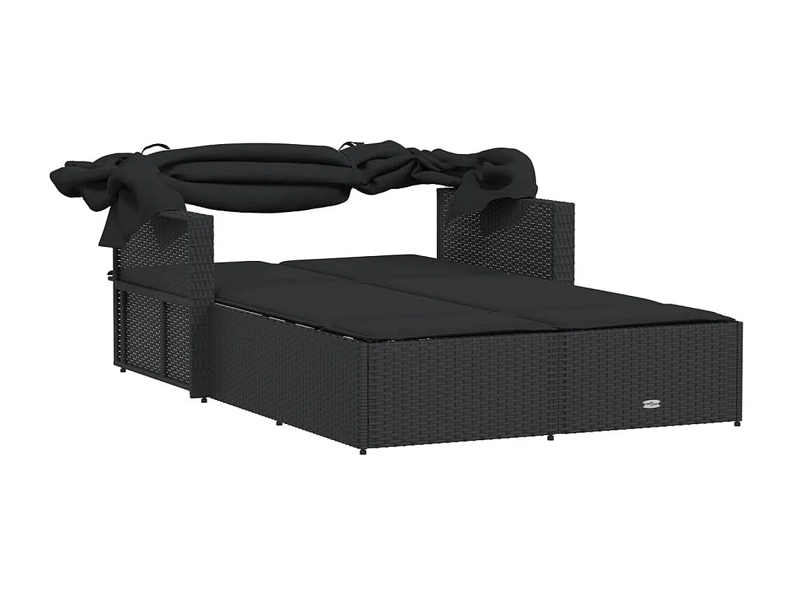 Chaise longue doppia con tenda da sole e cuscini in vimini nero