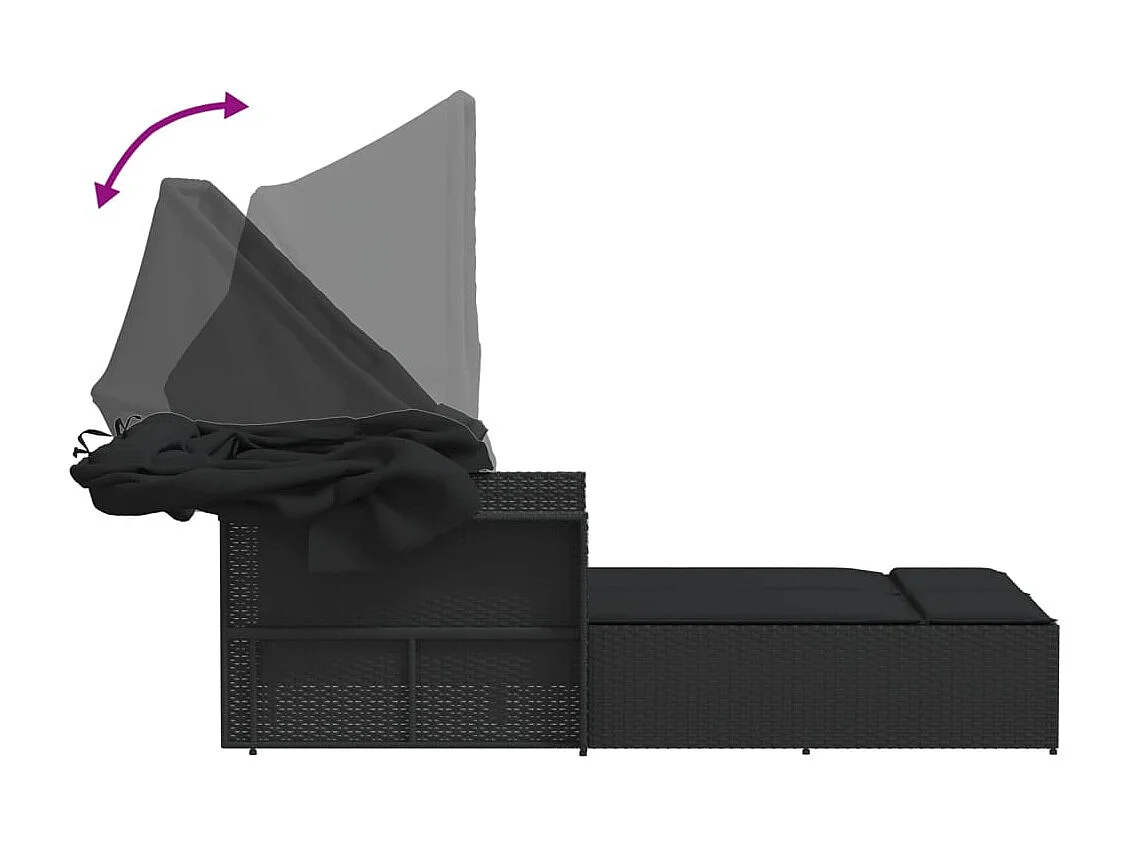 Chaise longue doppia con tenda da sole e cuscini in vimini nero