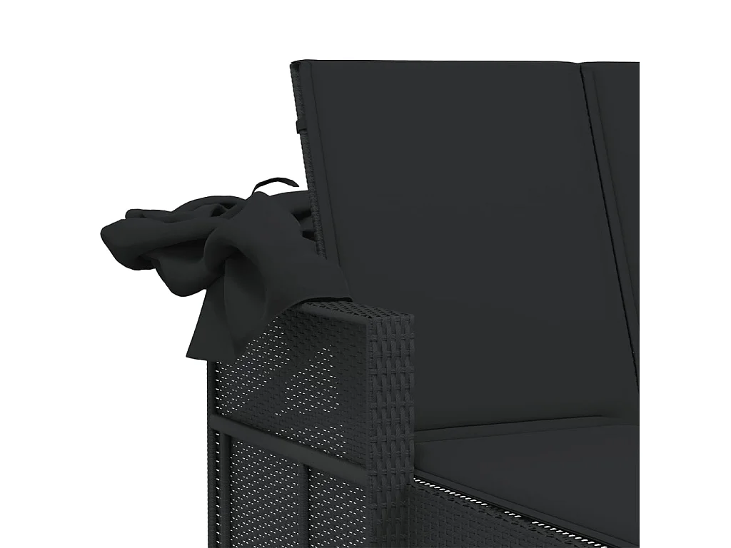 Chaise longue doppia con tenda da sole e cuscini in vimini nero