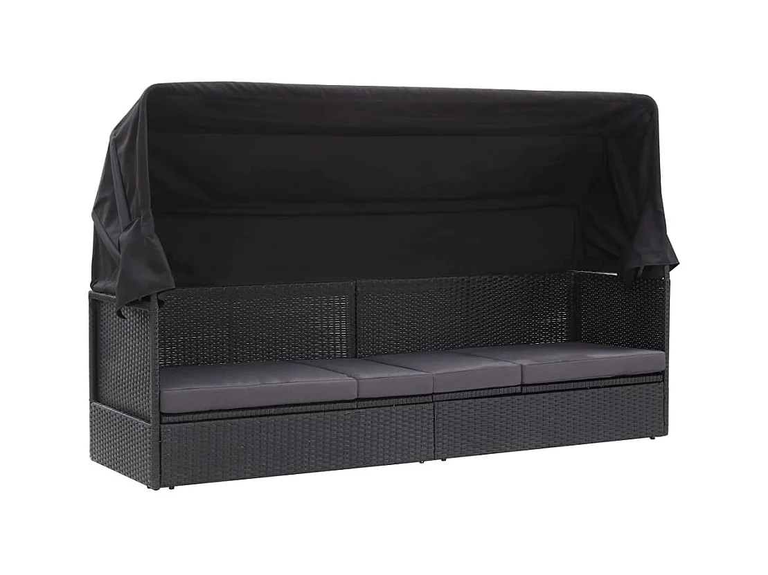 Lit-canapé d'extérieur avec auvent Résine tressée Noir