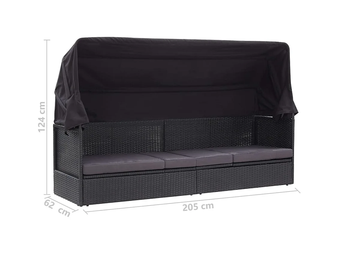 Lit-canapé d'extérieur avec auvent Résine tressée Noir