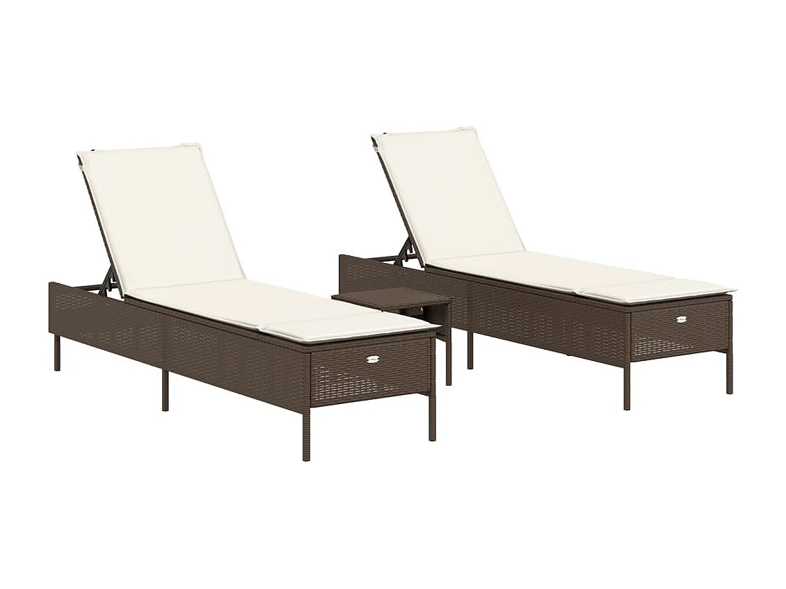 Set di 3 lettini prendisole e cuscini in polyrattan marrone