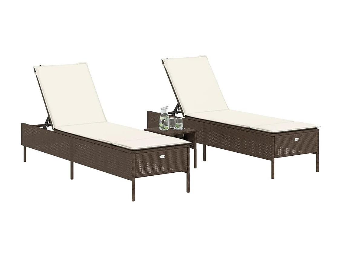 Set di 3 lettini prendisole e cuscini in polyrattan marrone
