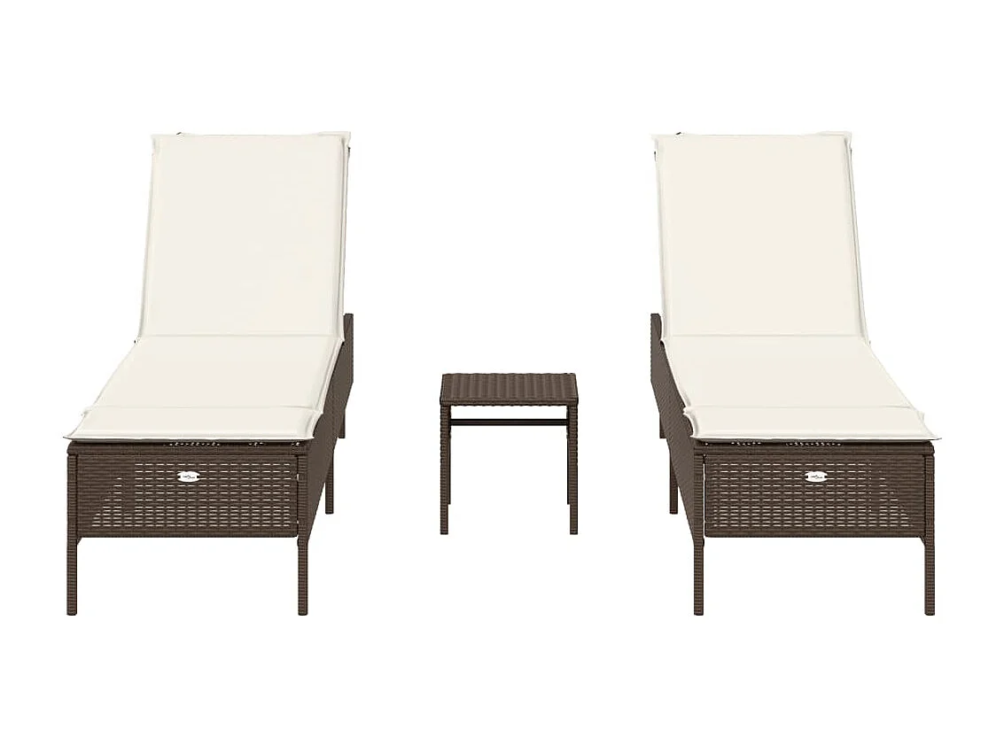 Set di 3 lettini prendisole e cuscini in polyrattan marrone