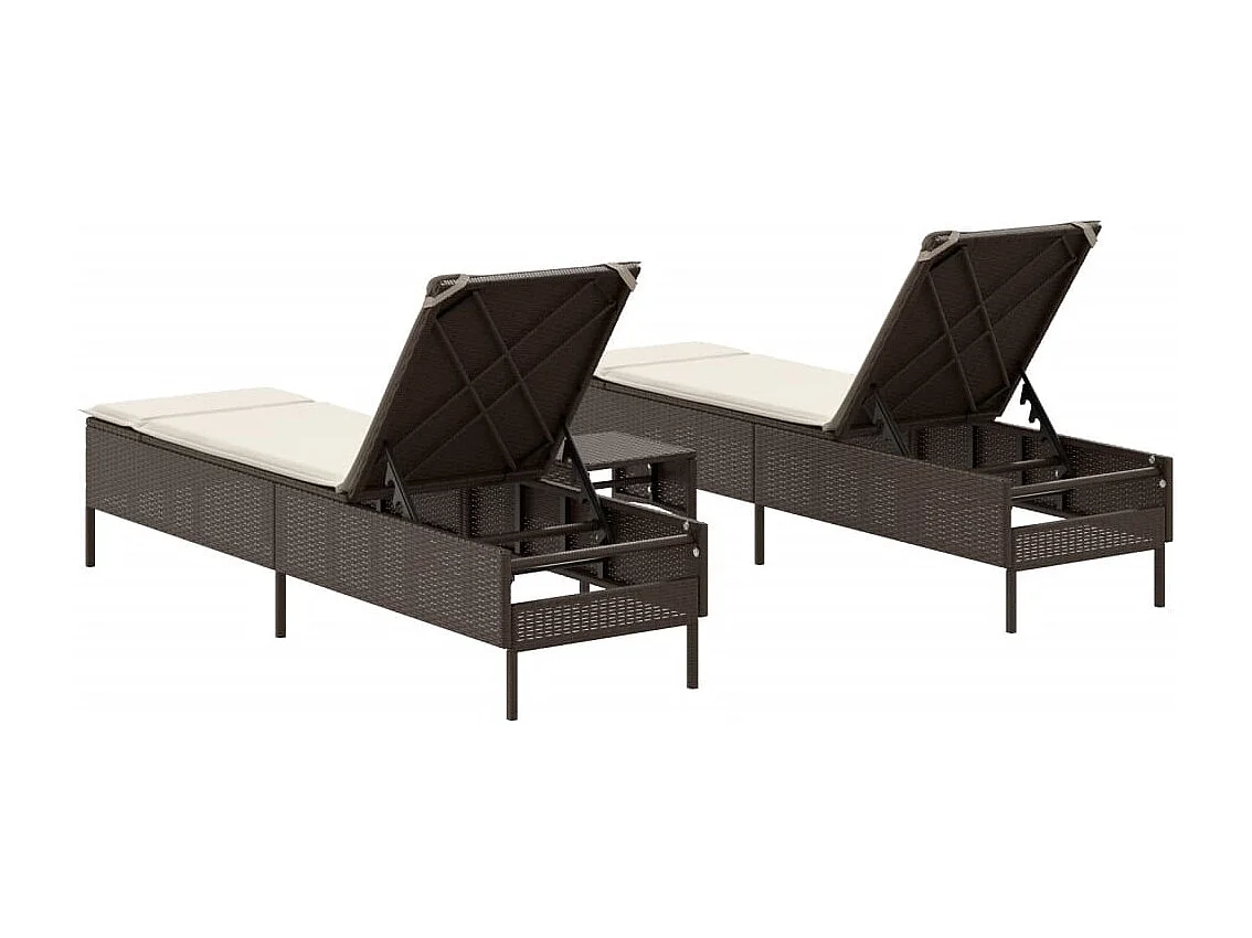 Set di 3 lettini prendisole e cuscini in polyrattan marrone
