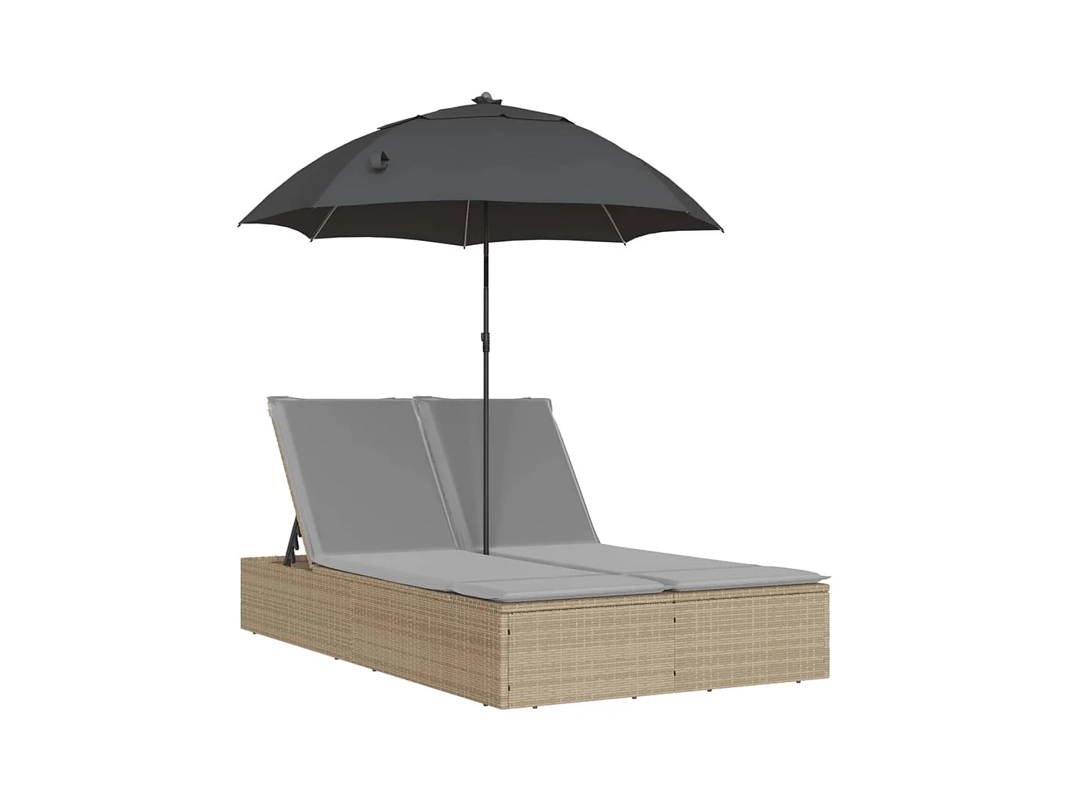 Dubbele loungestoel met kussens en beige polyrotan parasol