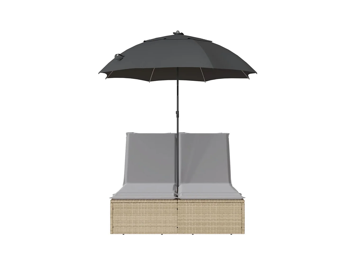 Dubbele loungestoel met kussens en beige polyrotan parasol