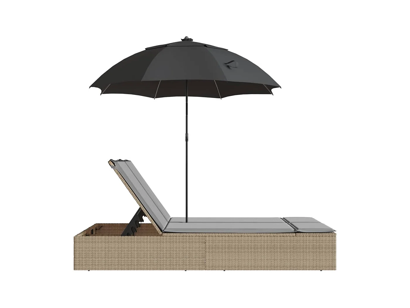 Dubbele loungestoel met kussens en beige polyrotan parasol