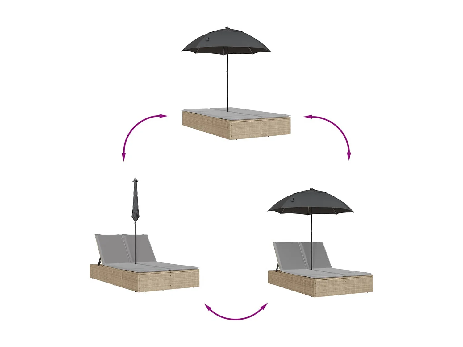 Dubbele loungestoel met kussens en beige polyrotan parasol