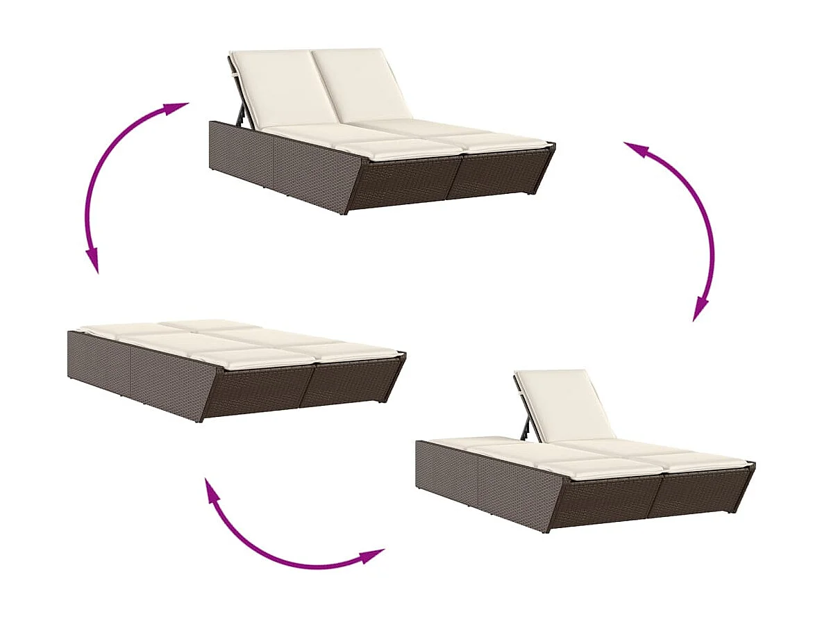 Chaise longue doppia con cuscini in vimini di resina marrone