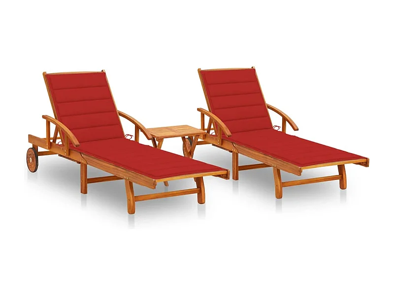 Chaises longues lot de 2 avec table et coussins Acacia solide