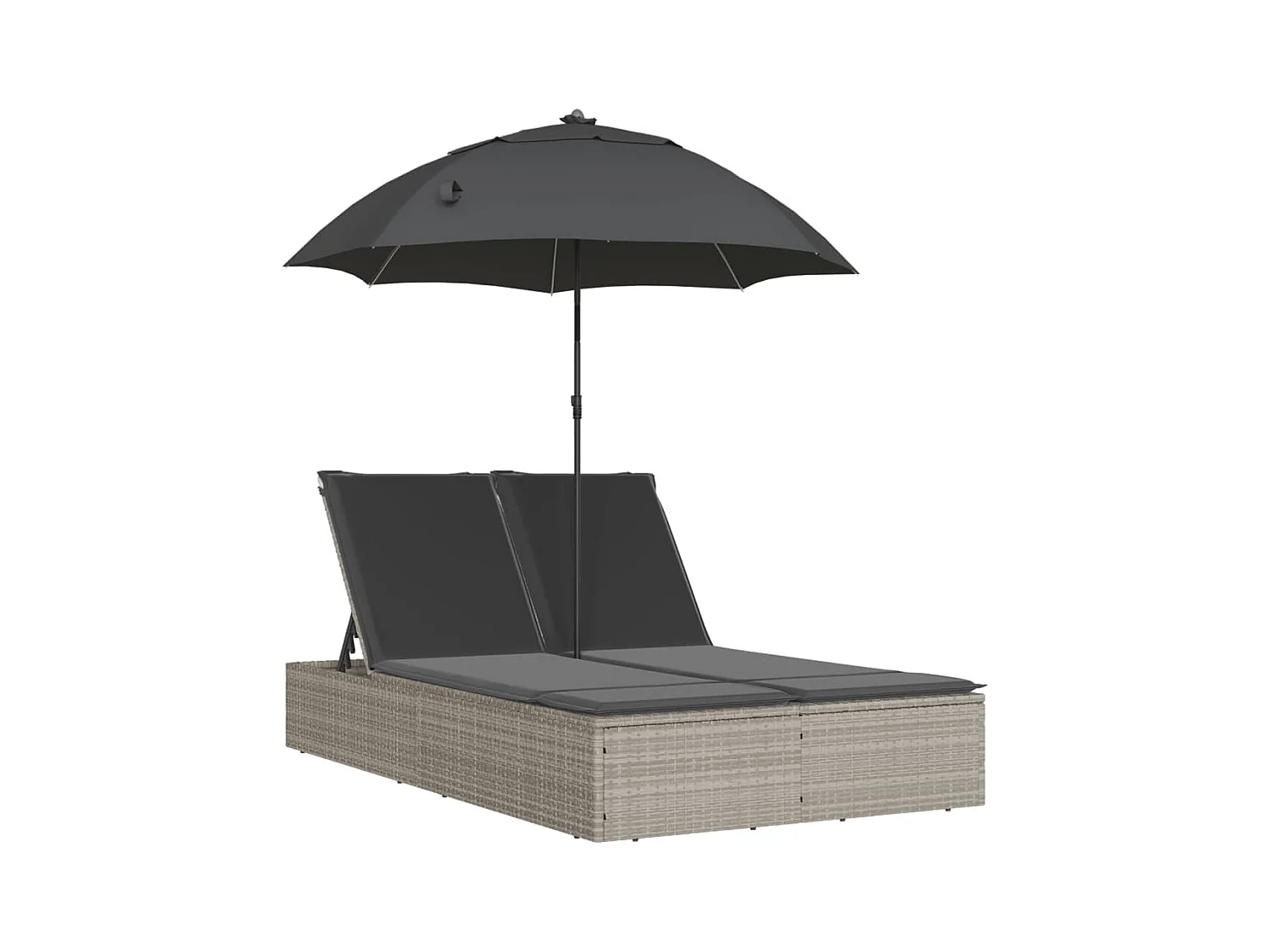 Chaise longue doble con cojines y sombrilla de ratán gris claro