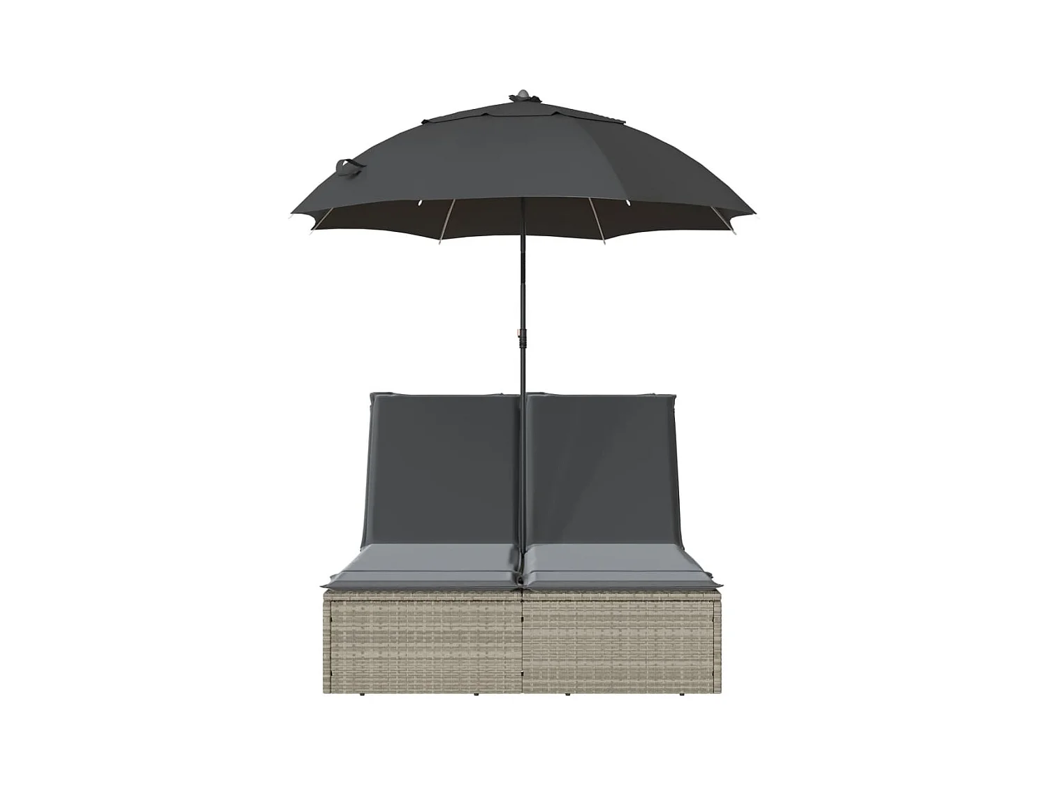 Chaise longue doble con cojines y sombrilla de ratán gris claro