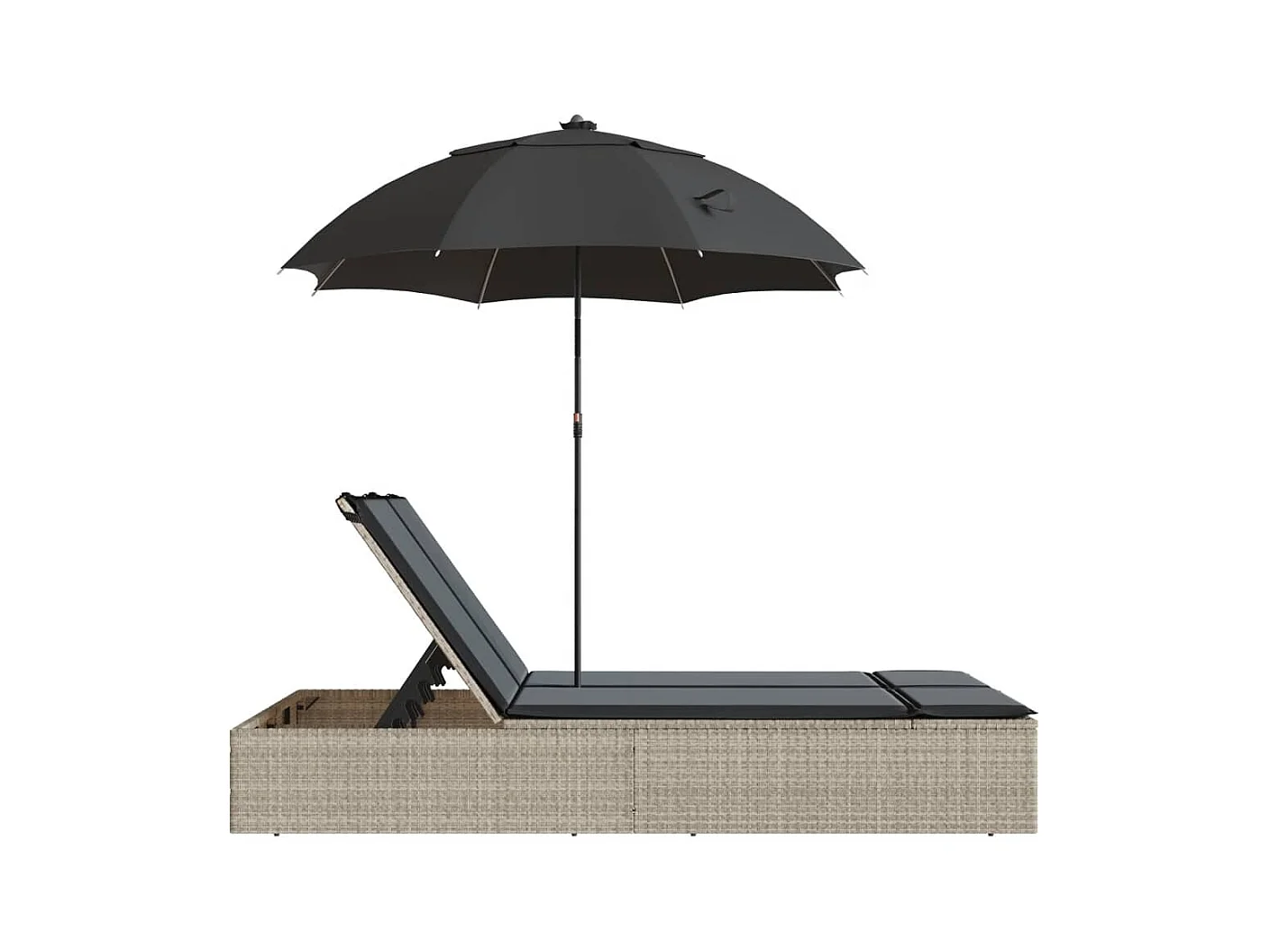 Chaise longue doble con cojines y sombrilla de ratán gris claro