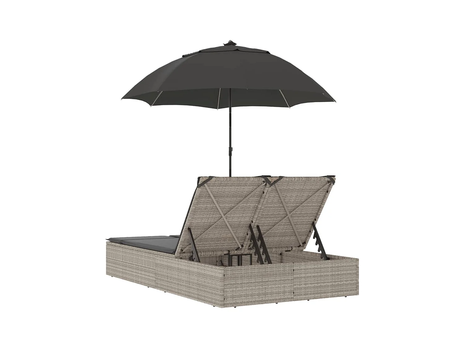 Chaise longue doble con cojines y sombrilla de ratán gris claro