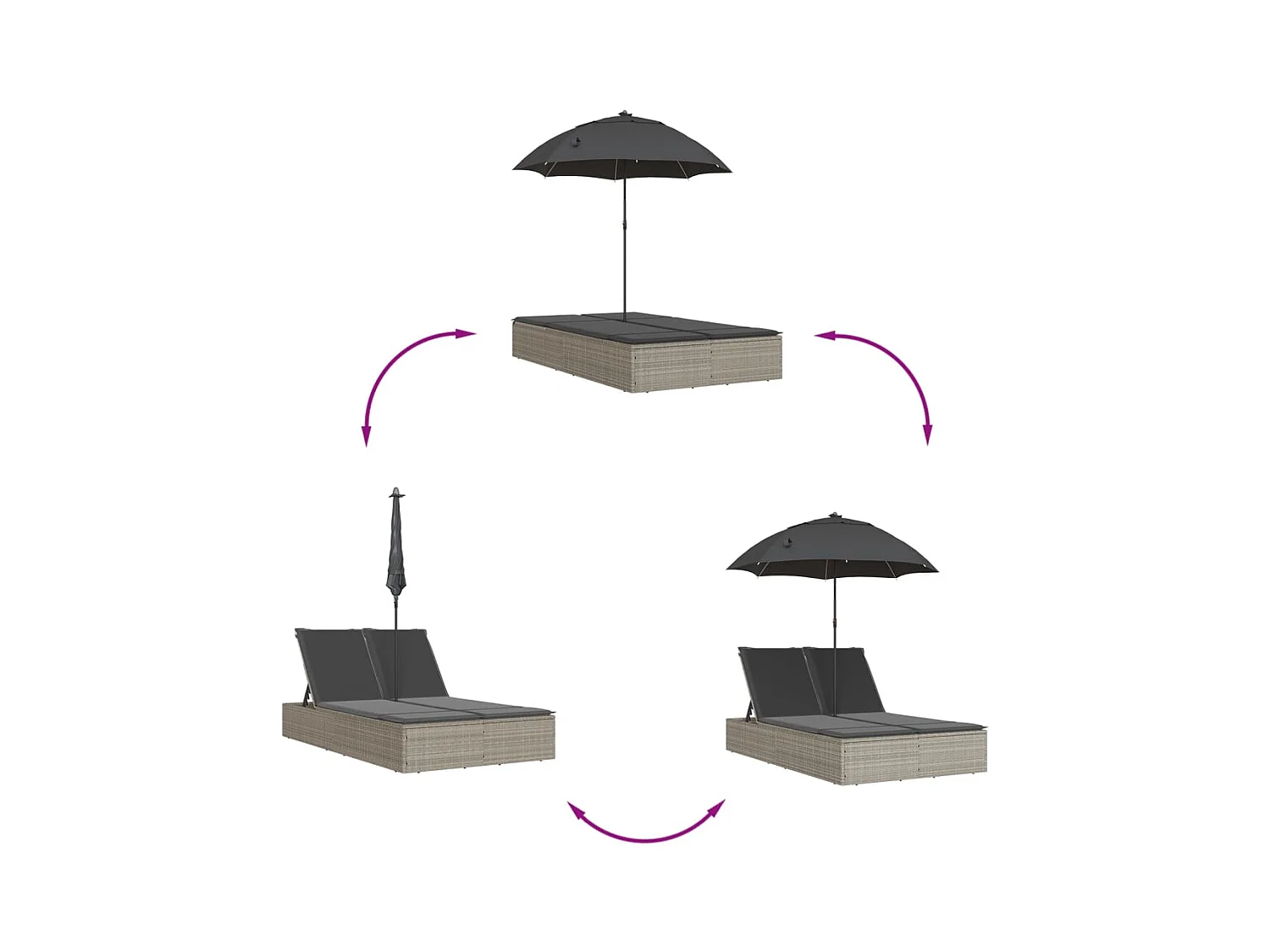 Chaise longue doble con cojines y sombrilla de ratán gris claro