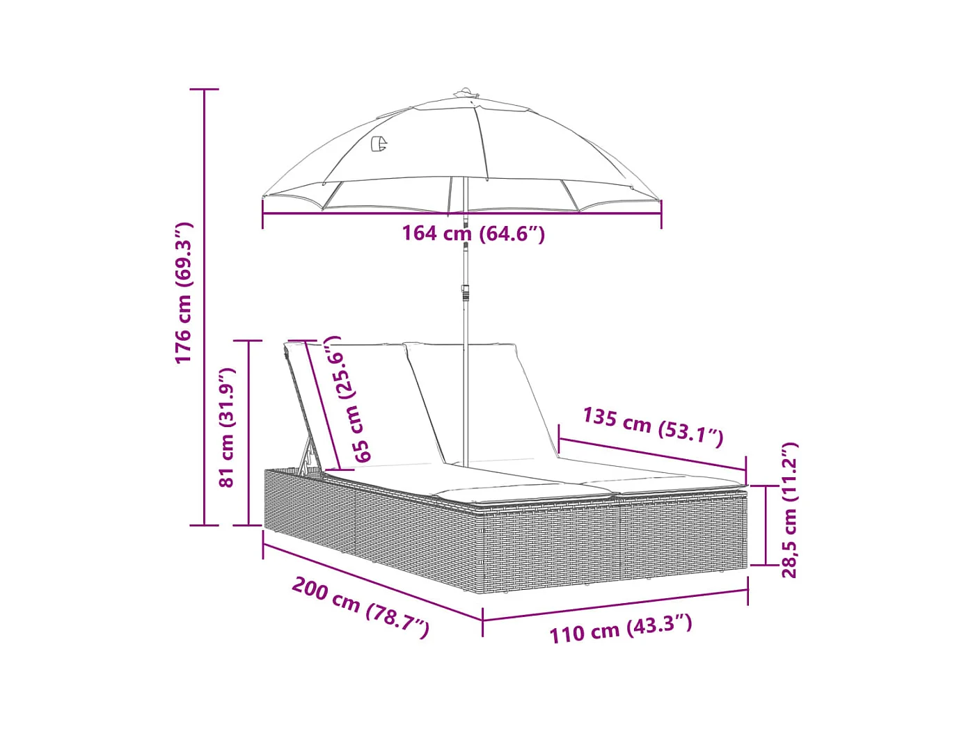 Chaise longue doble con cojines y sombrilla de ratán gris claro