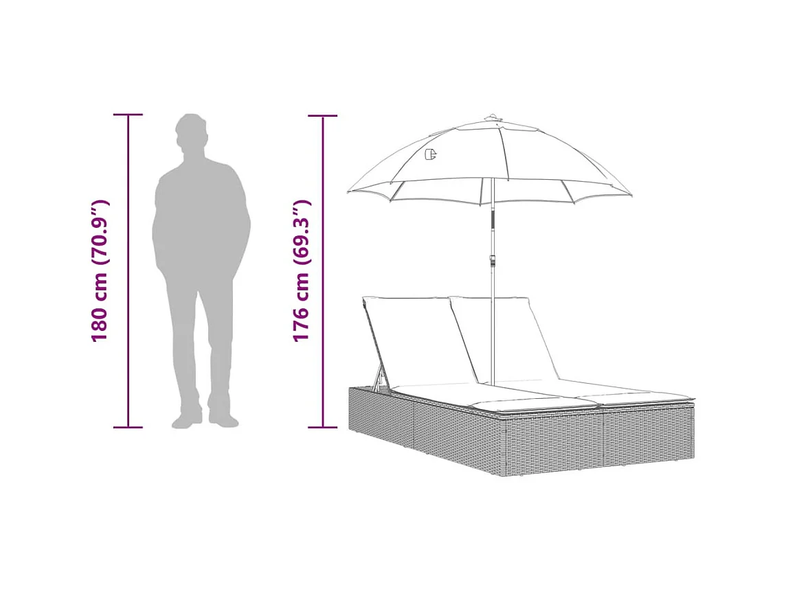 Chaise longue doble con cojines y sombrilla de ratán gris claro