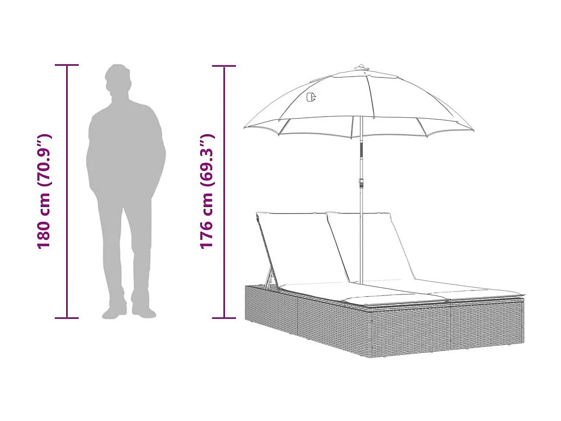 Chaise longue doble con cojines y sombrilla de ratán gris claro