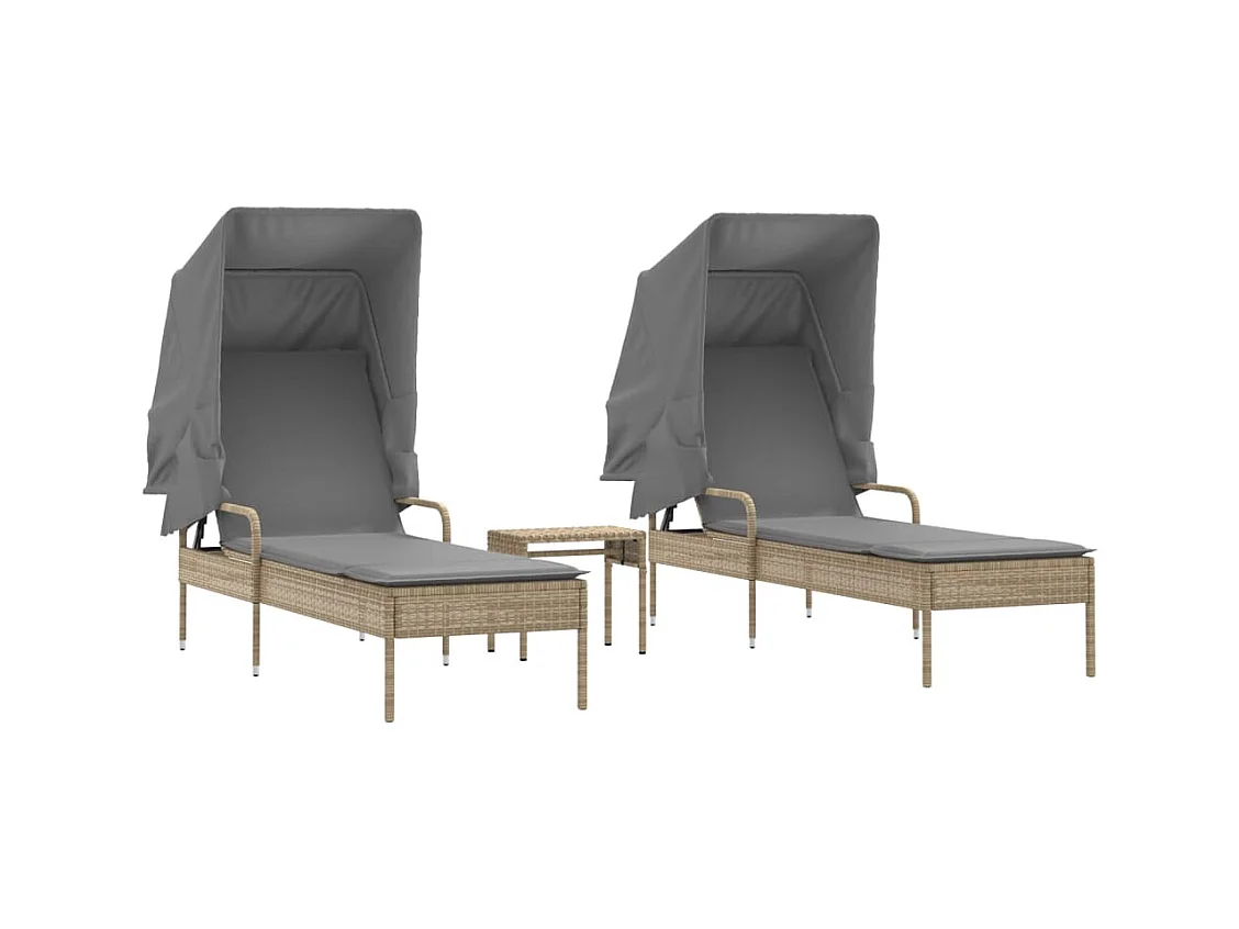 Set van 2 ligbedden met luifel en tafel in beige polyrotan