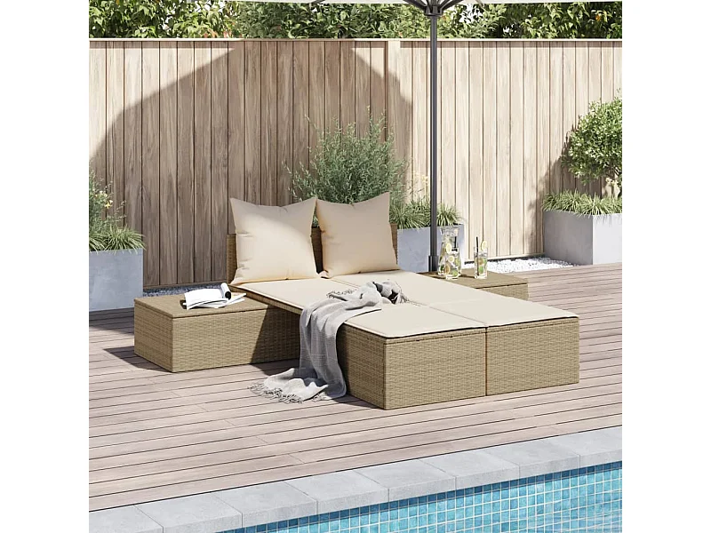 Dubbele chaise longue met beige kunsthars rieten kussens