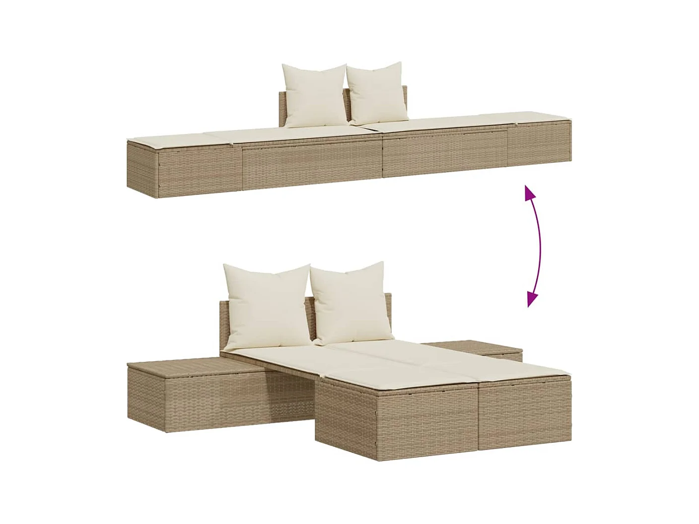 Dubbele chaise longue met beige kunsthars rieten kussens