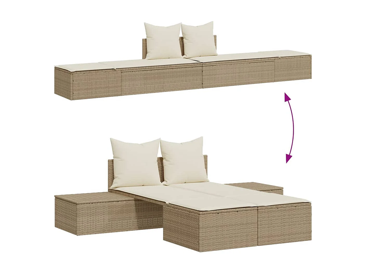 Chaise longue doppia con cuscini in vimini di resina beige