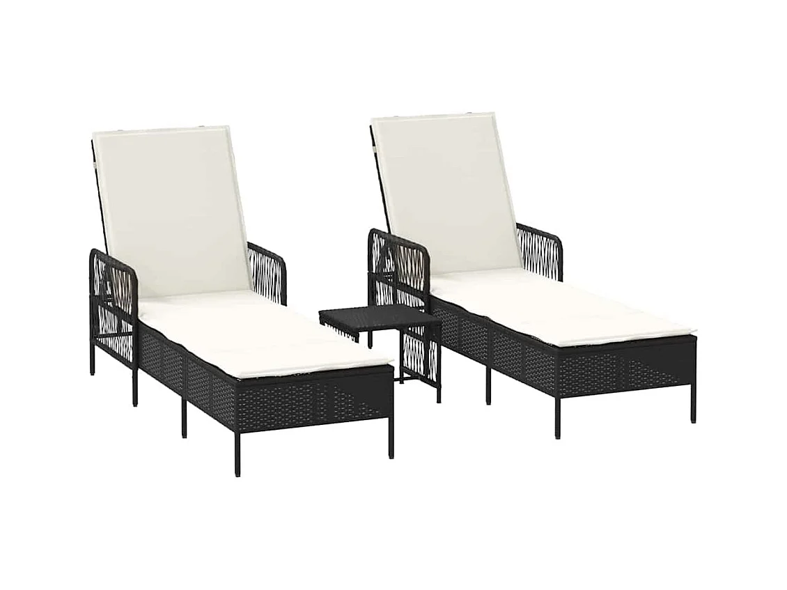 Tumbonas de 2 piezas con cojines y mesa en polirratán negro.
