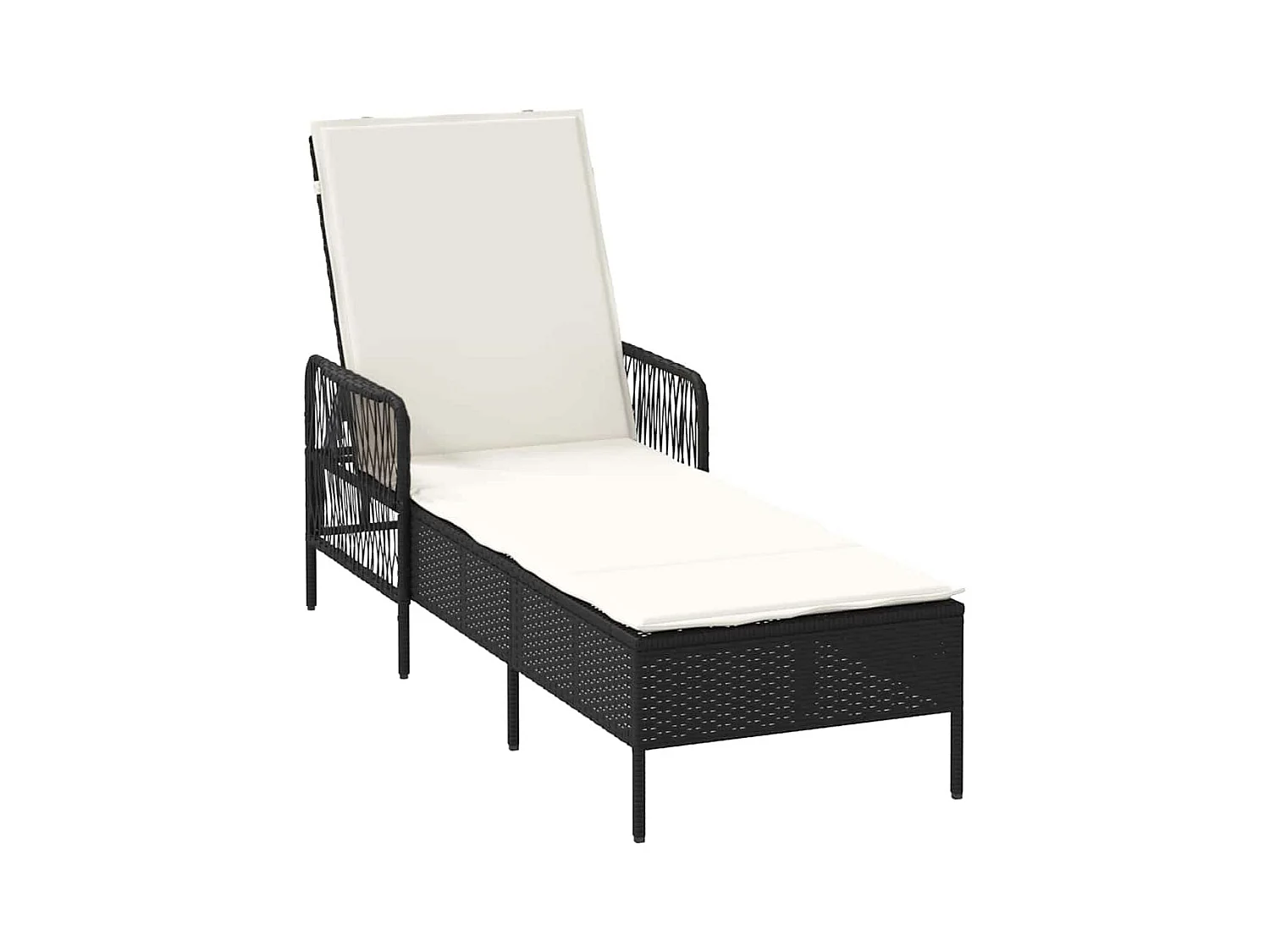 Tumbonas de 2 piezas con cojines y mesa en polirratán negro.