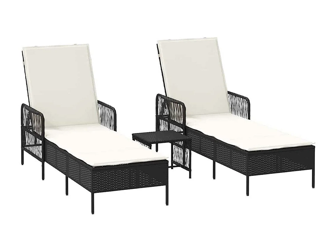 Transats 2 pièces avec coussins et table en poly rattan noir.