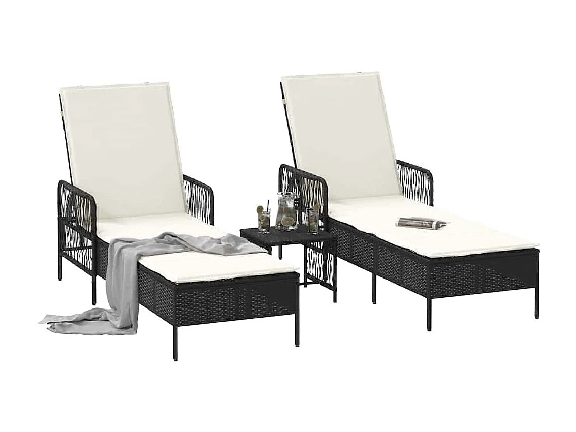 Transats 2 pièces avec coussins et table en poly rattan noir.