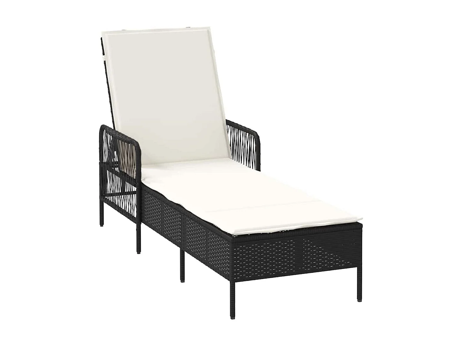 Transats 2 pièces avec coussins et table en poly rattan noir.