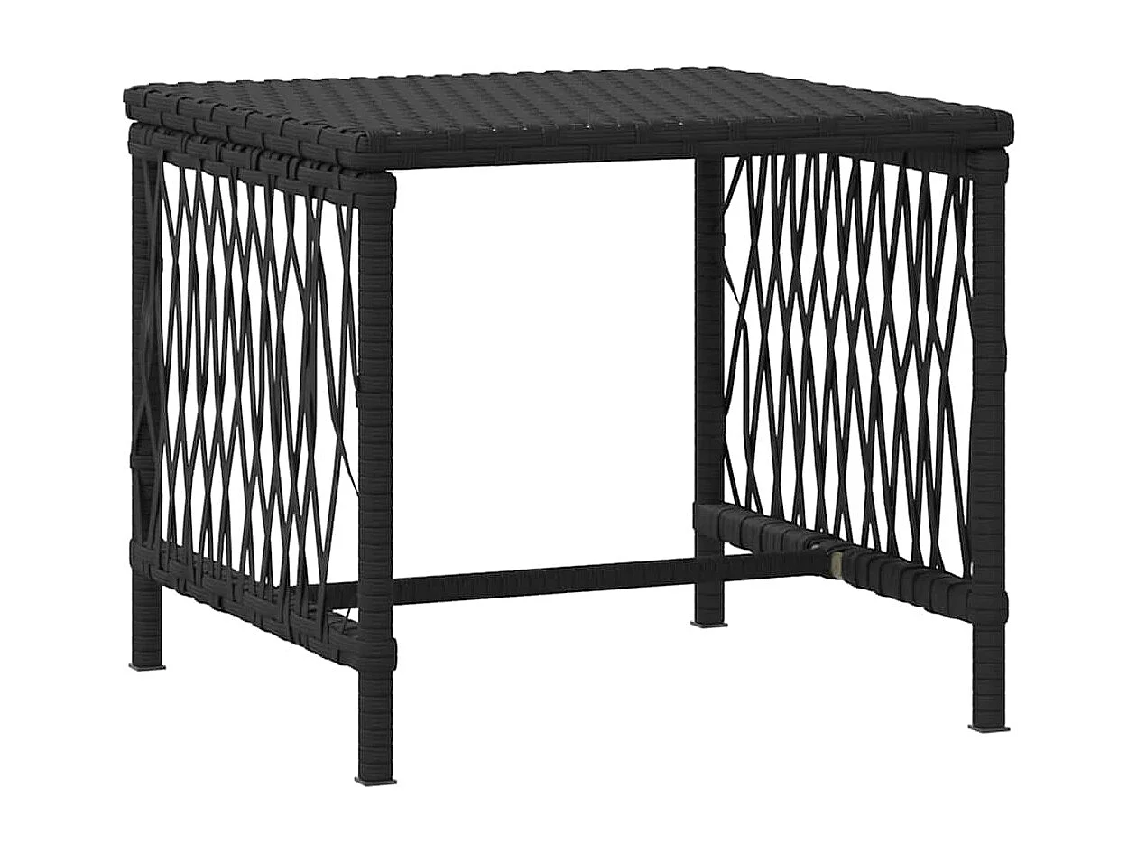 Transats 2 pièces avec coussins et table en poly rattan noir.