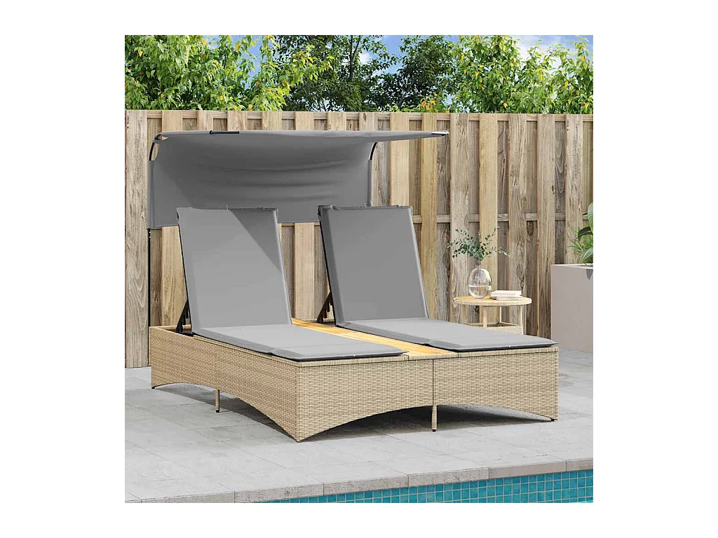 Doppel-Chaiselongue mit Markise und Kissen in beigem Rattan-Mix