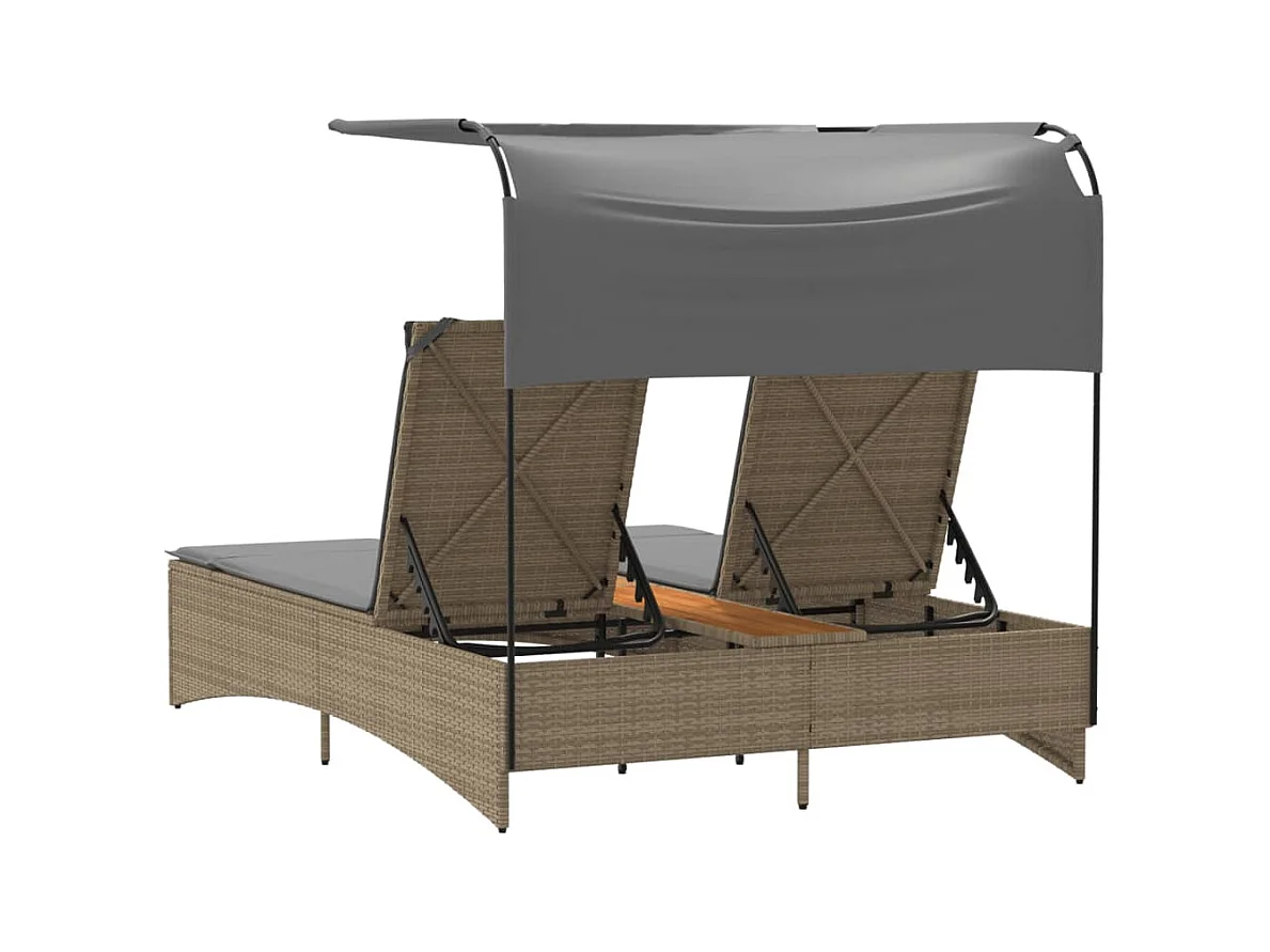Doppel-Chaiselongue mit Markise und Kissen in beigem Rattan-Mix