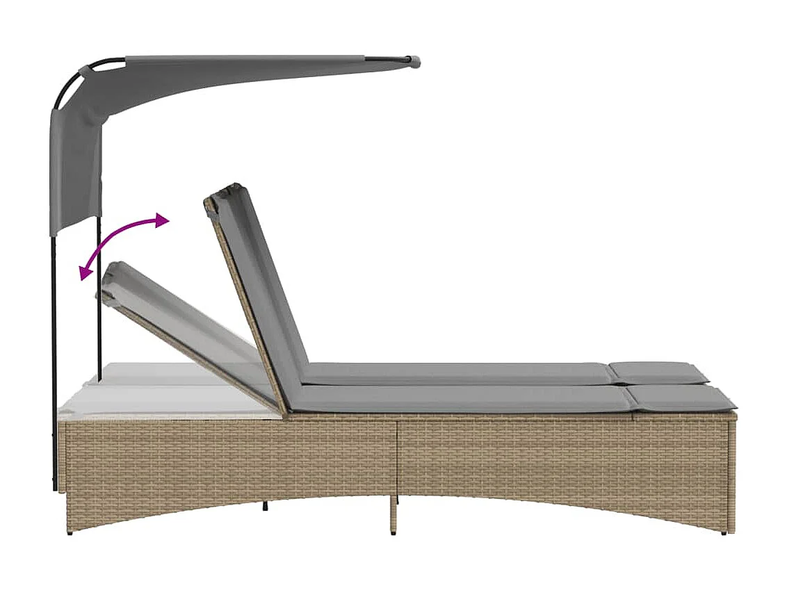 Chaise longue doble con toldo y cojines en mezcla de ratán beige