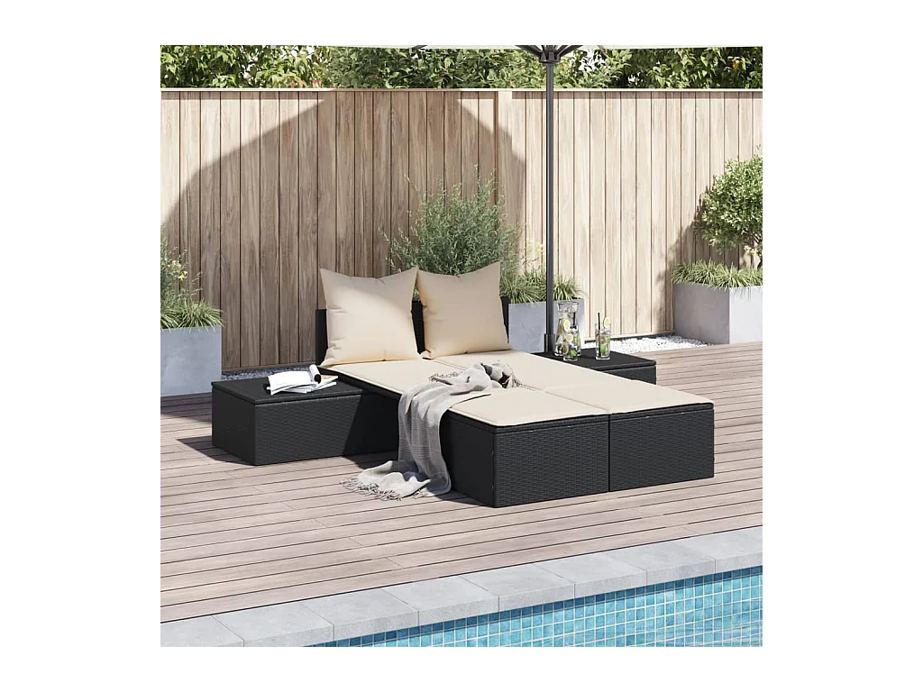 Chaise longue doble con cojines de mimbre de resina negra