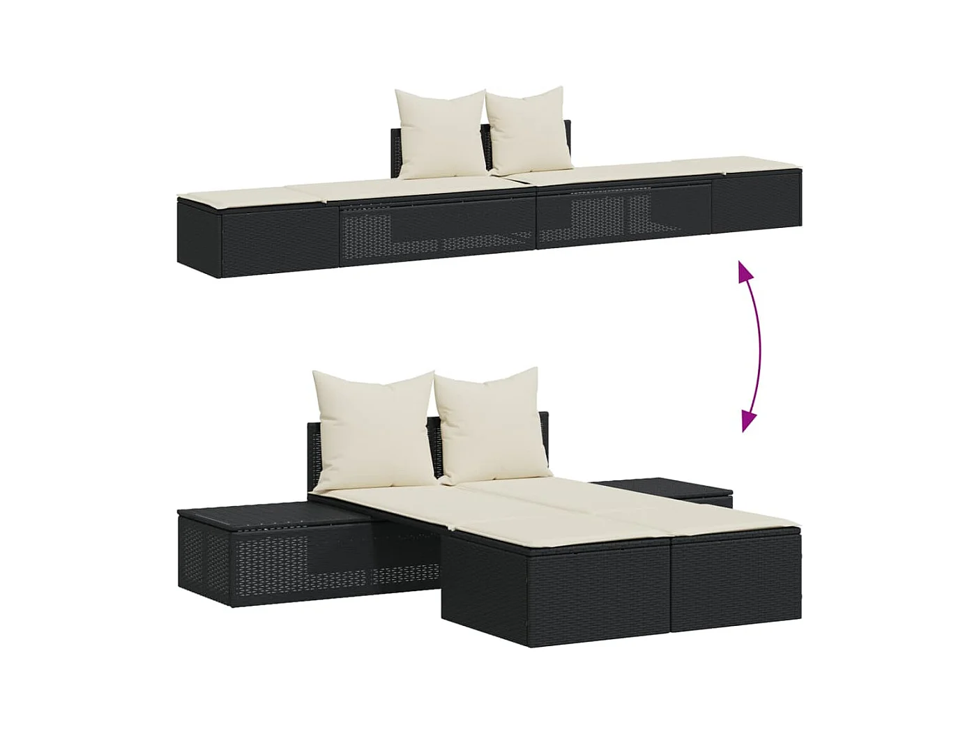 Chaise longue doble con cojines de mimbre de resina negra