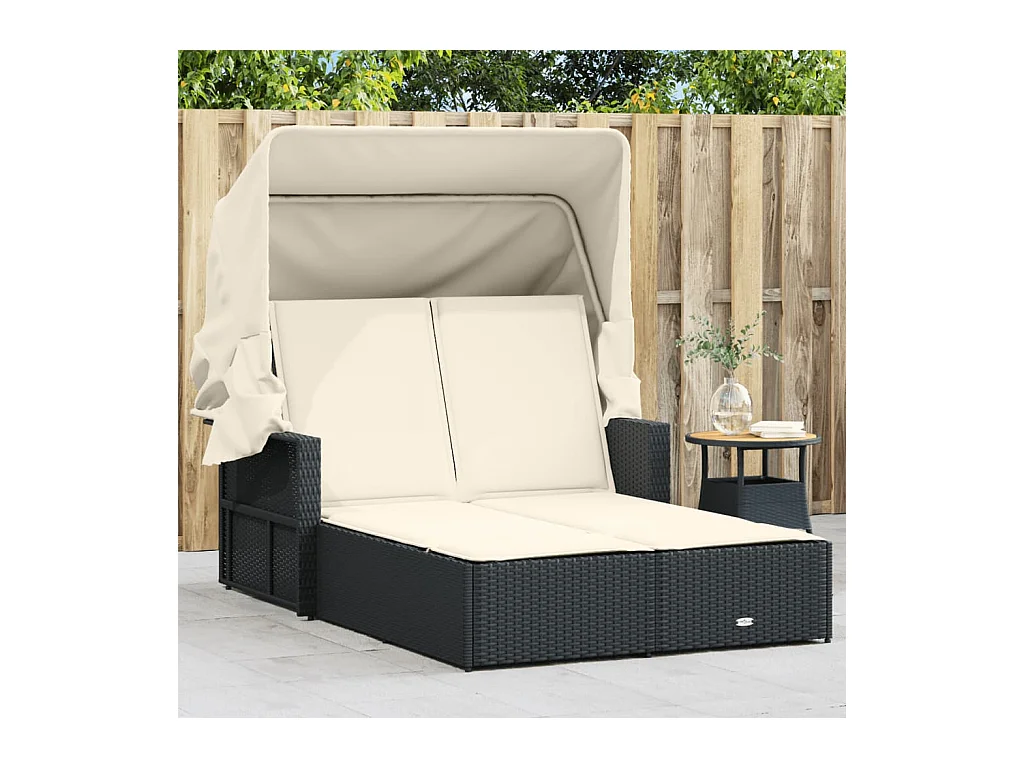 Dubbele chaise longue met zonnescherm en zwarte rieten kussens